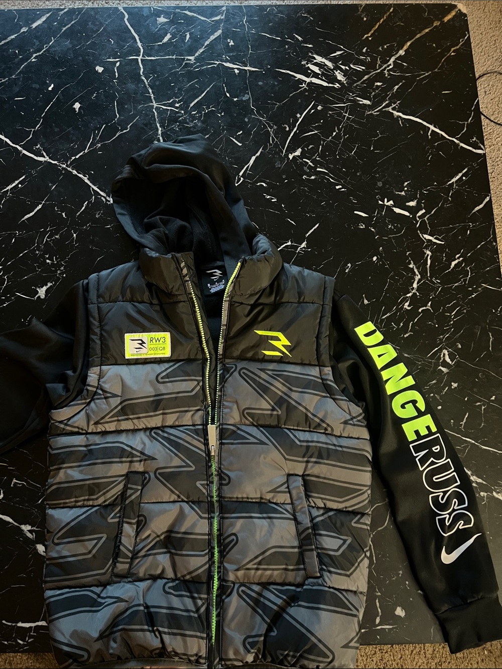 Russell Athletic Black & Gray Hooded Puffer Jacket with Neon Yellow Accents